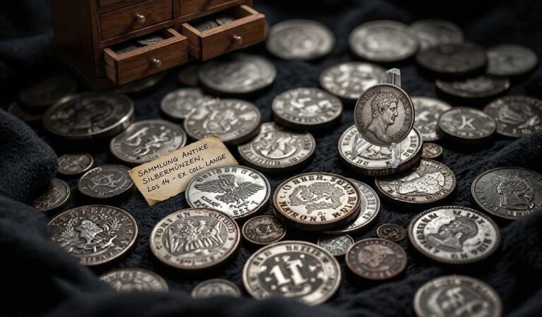 Sammlung antiker Silbermünzen auf dunklem Stoff