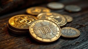 Mehrere goldene und silberne Münzen auf Holztisch