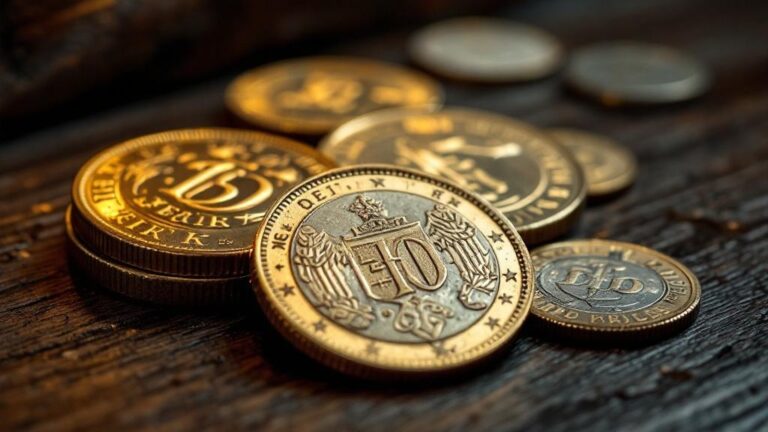 Mehrere goldene und silberne Münzen auf Holztisch