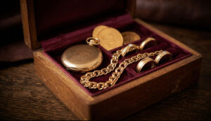Offene Holzschatulle mit Goldschmuck und Taschenuhr