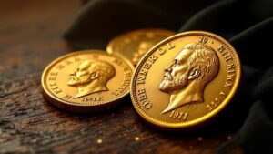 Goldmünzen mit historischem Porträt auf Holztisch