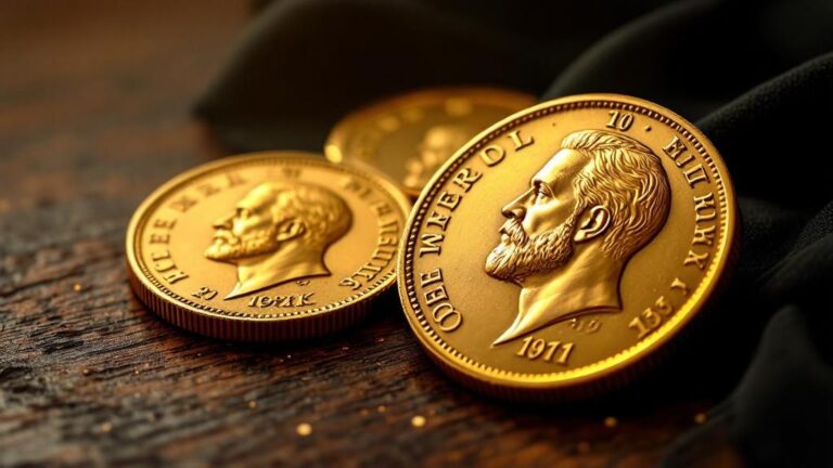 Goldmünzen mit historischem Porträt auf Holztisch