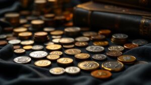 Verschiedene Münzen auf dunklem Tuch ausgebreitet