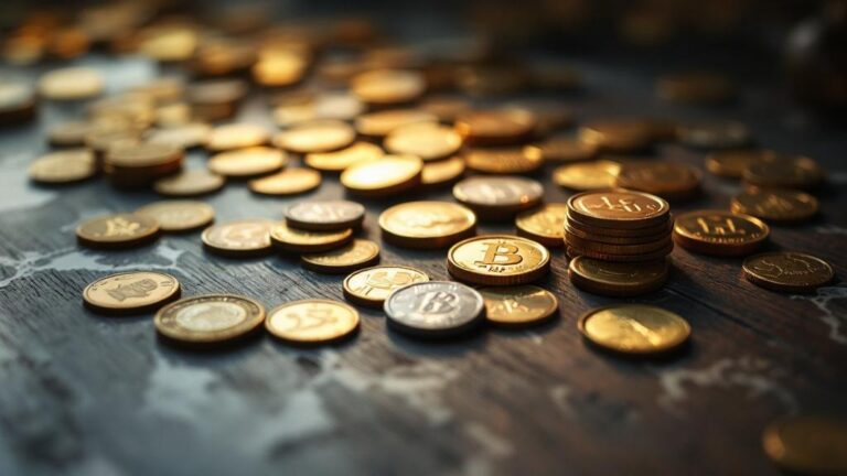 Goldene Bitcoin-Münzen auf dunkler Oberfläche