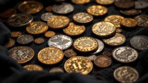 Verschiedene goldene und silberne Kryptowährungs-Münzen