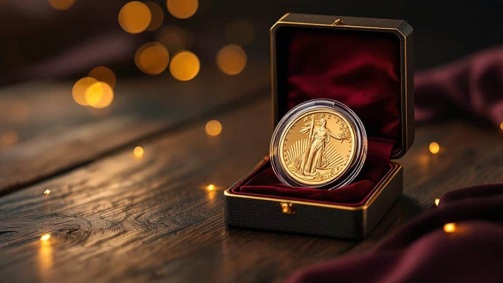 Goldmünze in Samtbox auf Holztisch