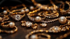 Goldschmuck mit Diamanten und Perlen auf Holz