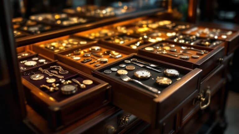 Antiker Schmuck und Uhren in Holzschubladen