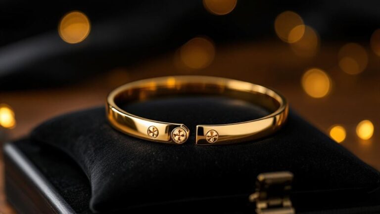 Goldener Armreif auf schwarzem Kissen mit Bokeh