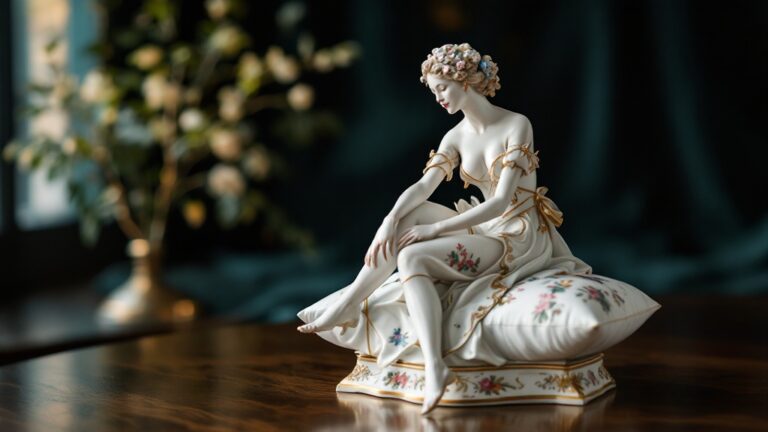 Porzellanfigur einer sitzenden Frau auf floralem Kissen
