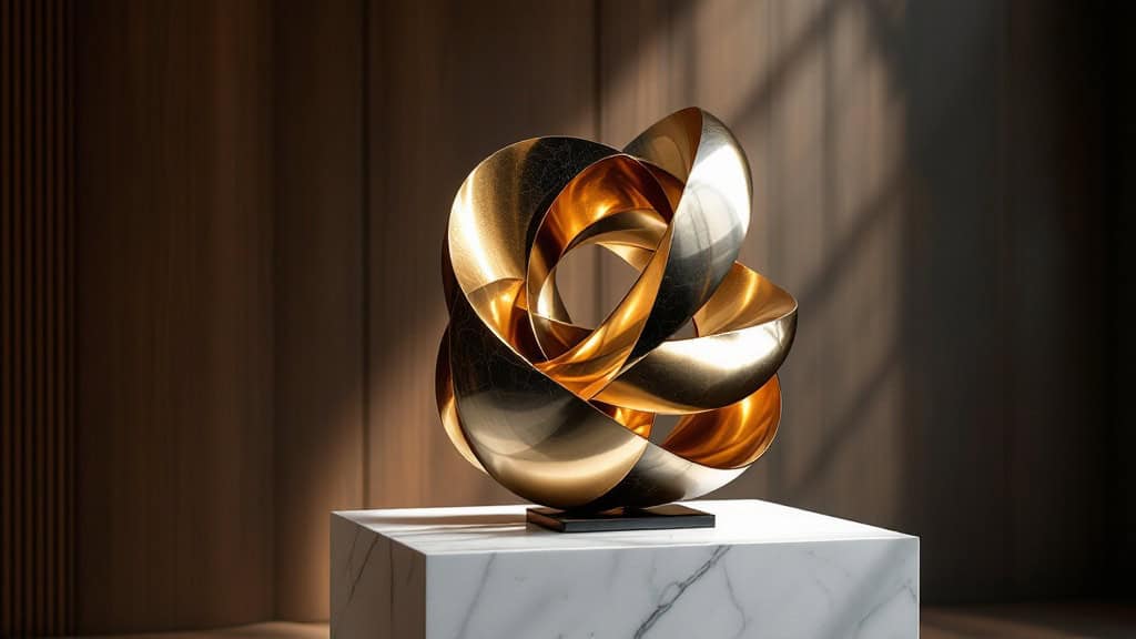 Abstrakte goldene Skulptur auf Marmorsockel