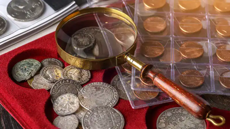Lupe über historischen Münzen auf rotem Samt
