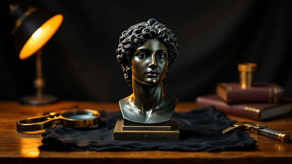 Bronzebüste auf Schreibtisch mit Lampe und Handschellen