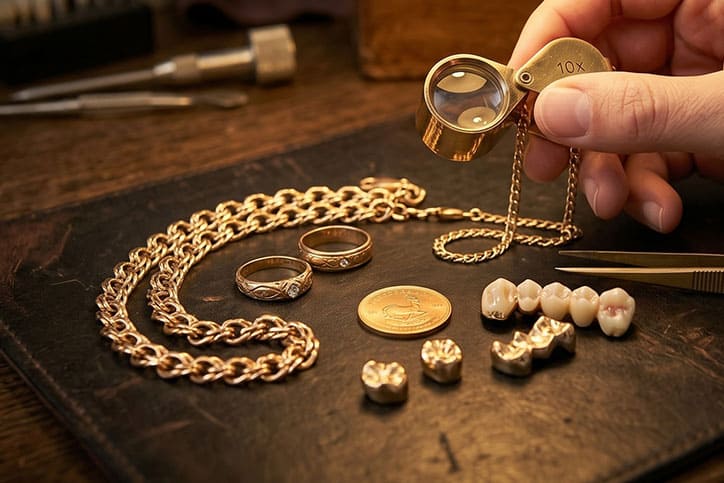 Goldschmuck und Zahngold auf Werkbank mit Lupe