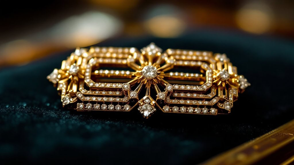 Antike Art-Déco-Brosche aus Gelbgold mit Diamanten auf dunklem Samt