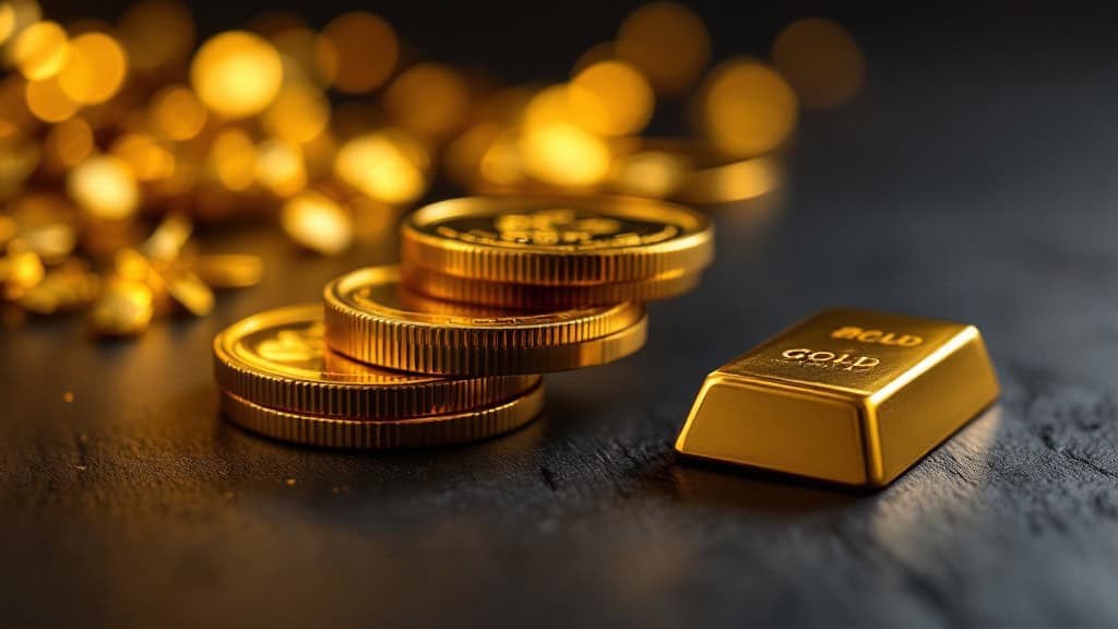 Gestapelte Goldmünzen und ein kleiner Goldbarren auf dunklem Untergrund