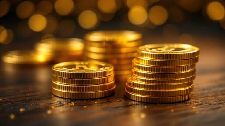 Gestapelte Goldmünzen auf dunklem Untergrund