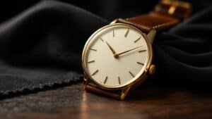 Hochwertige goldene Armbanduhr liegt zur Bewertung auf dunklem Holz