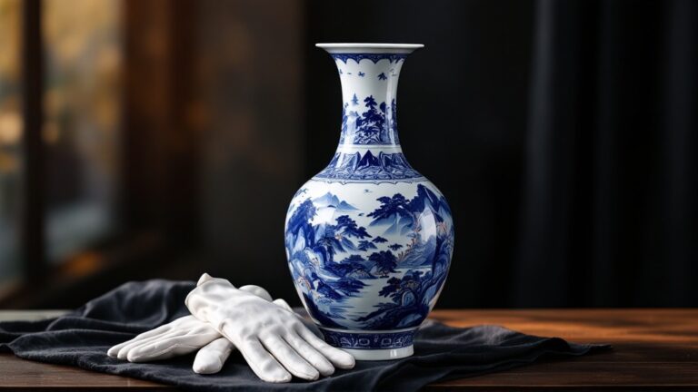 Blau-weiße chinesische Porzellanvase mit weißen Handschuhen bei der Begutachtung