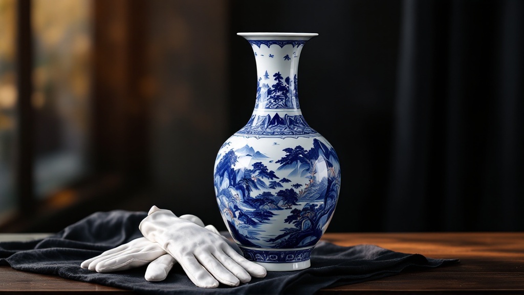Blau-weiße chinesische Porzellanvase mit weißen Handschuhen bei der Begutachtung