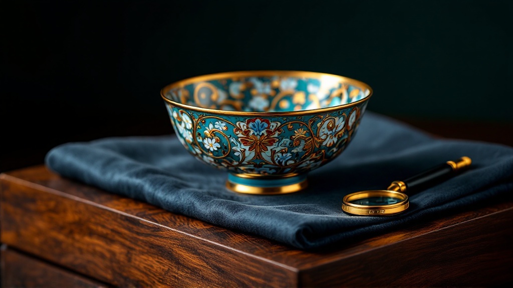 Cloisonné-Schale mit Goldrand wird mit der Lupe begutachtet