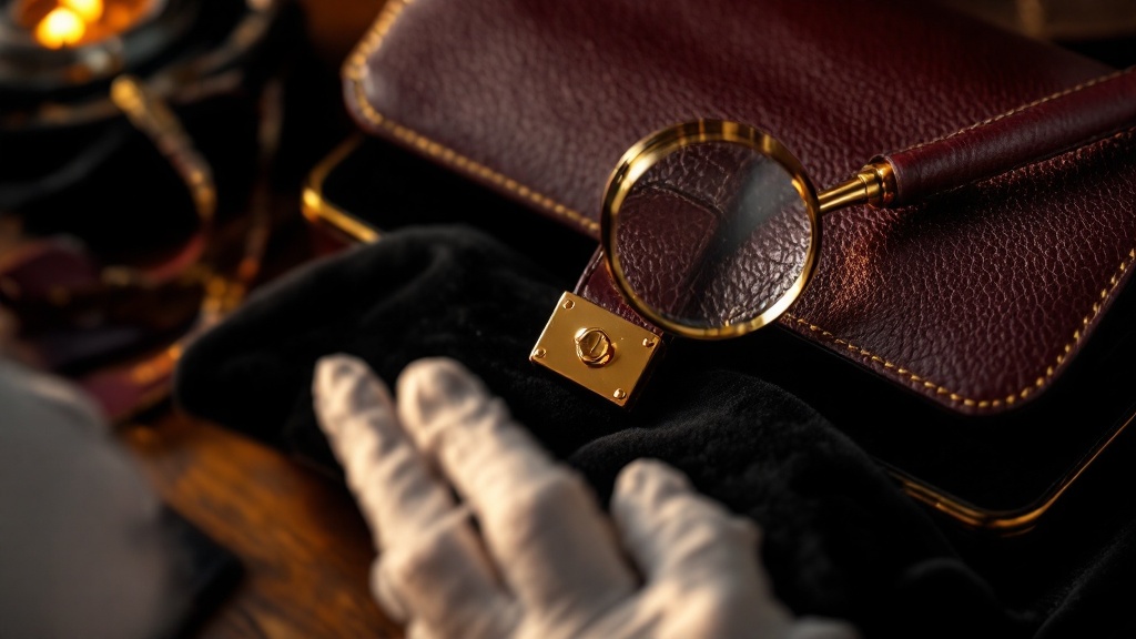 Close-up editorial photo of an unbranded luxury leather handbag being inspected by a white-glove expert, fo cus on leather grain, stitching, clasp detail without logo, magnifying glass, dark black background, warm golden highlights, premium discreet appraisal service, elegant and trustworthy, cinematic luxury lighting, ultra realistic, shallow depth of field, no visible logos, no brand names, no monograms, no trademarked shapes, no text – fachkundig bewertet von Antik Seider, DGuSV-zertifizierte Sachverständige