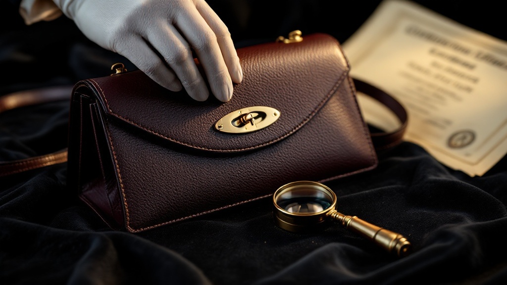 Close-up editorial photo of an unbranded luxury leather handbag being inspected by a white-glove expert, fo cus on leather grain, stitching, clasp detail without logo, magnifying glass, dark black background, warm golden highlights, premium discreet appraisal service, elegant and trustworthy, cinematic luxury lighting, ultra realistic, shallow depth of field, no visible logos, no brand names, no monograms, no trademarked shapes, no text – fachkundig bewertet von Antik Seider, DGuSV-zertifizierte Sachverständige