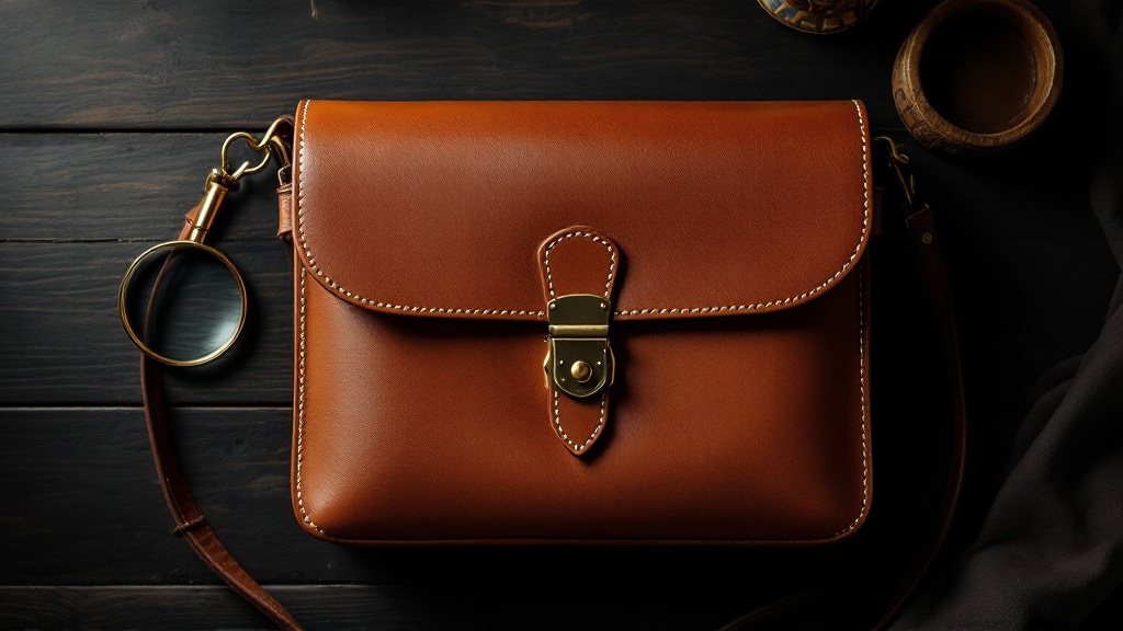 Close-up editorial photo of an unbranded luxury leather handbag being inspected by a white-glove expert, fo cus on leather grain, stitching, clasp detail without logo, magnifying glass, dark black background, warm golden highlights, premium discreet appraisal service, elegant and trustworthy, cinematic luxury lighting, ultra realistic, shallow depth of field, no visible logos, no brand names, no monograms, no trademarked shapes, no text – fachkundig bewertet von Antik Seider, DGuSV-zertifizierte Sachverständige
