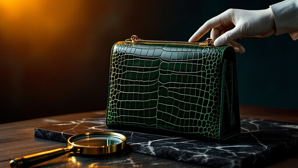Close-up editorial photo of an unbranded luxury leather handbag being inspected by a white-glove expert, fo cus on leather grain, stitching, clasp detail without logo, magnifying glass, dark black background, warm golden highlights, premium discreet appraisal service, elegant and trustworthy, cinematic luxury lighting, ultra realistic, shallow depth of field, no visible logos, no brand names, no monograms, no trademarked shapes, no text – fachkundig bewertet von Antik Seider, DGuSV-zertifizierte Sachverständige
