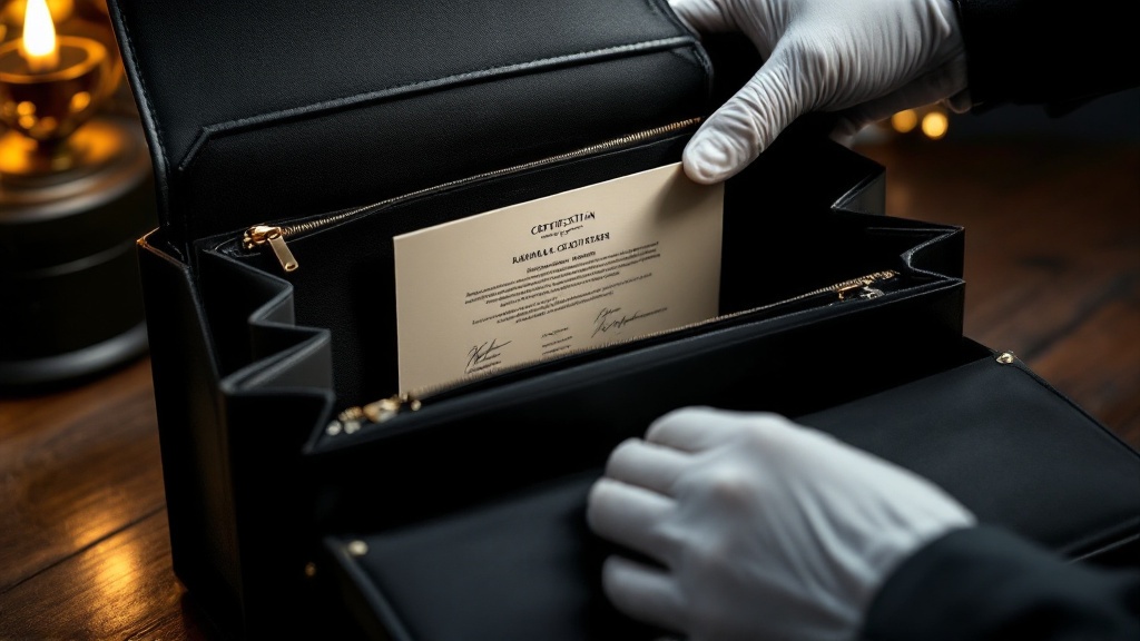 Close-up editorial photo of an unbranded luxury leather handbag being inspected by a white-glove expert, fo cus on leather grain, stitching, clasp detail without logo, magnifying glass, dark black background, warm golden highlights, premium discreet appraisal service, elegant and trustworthy, cinematic luxury lighting, ultra realistic, shallow depth of field, no visible logos, no brand names, no monograms, no trademarked shapes, no text – fachkundig bewertet von Antik Seider, DGuSV-zertifizierte Sachverständige