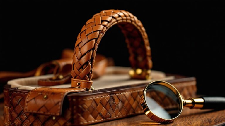 Close-up editorial photo of an unbranded luxury leather handbag being inspected by a white-glove expert, fo cus on leather grain, stitching, clasp detail without logo, magnifying glass, dark black background, warm golden highlights, premium discreet appraisal service, elegant and trustworthy, cinematic luxury lighting, ultra realistic, shallow depth of field, no visible logos, no brand names, no monograms, no trademarked shapes, no text – fachkundig bewertet von Antik Seider, DGuSV-zertifizierte Sachverständige