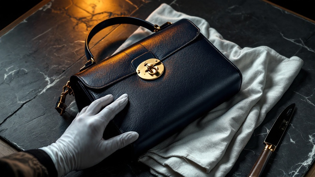 Close-up editorial photo of an unbranded luxury leather handbag being inspected by a white-glove expert, fo cus on leather grain, stitching, clasp detail without logo, magnifying glass, dark black background, warm golden highlights, premium discreet appraisal service, elegant and trustworthy, cinematic luxury lighting, ultra realistic, shallow depth of field, no visible logos, no brand names, no monograms, no trademarked shapes, no text – fachkundig bewertet von Antik Seider, DGuSV-zertifizierte Sachverständige