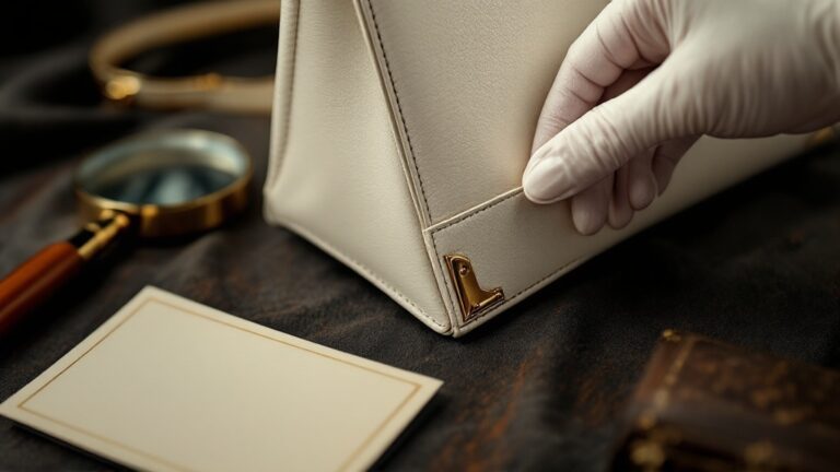 Close-up editorial photo of an unbranded luxury leather handbag being inspected by a white-glove expert, fo cus on leather grain, stitching, clasp detail without logo, magnifying glass, dark black background, warm golden highlights, premium discreet appraisal service, elegant and trustworthy, cinematic luxury lighting, ultra realistic, shallow depth of field, no visible logos, no brand names, no monograms, no trademarked shapes, no text – fachkundig bewertet von Antik Seider, DGuSV-zertifizierte Sachverständige