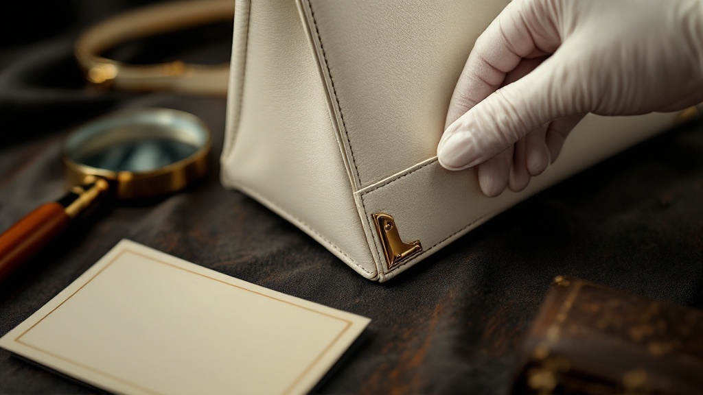 Close-up editorial photo of an unbranded luxury leather handbag being inspected by a white-glove expert, fo cus on leather grain, stitching, clasp detail without logo, magnifying glass, dark black background, warm golden highlights, premium discreet appraisal service, elegant and trustworthy, cinematic luxury lighting, ultra realistic, shallow depth of field, no visible logos, no brand names, no monograms, no trademarked shapes, no text – fachkundig bewertet von Antik Seider, DGuSV-zertifizierte Sachverständige