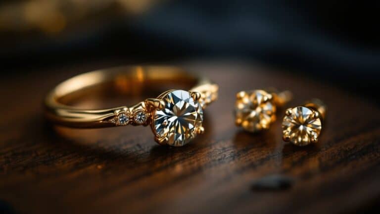 Goldring mit Brillant und goldener Diamantschmuck auf dunklem Samt