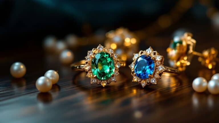 Goldschmuck mit Farbsteinen und Perlen – Ring mit Smaragd, Ohrringe mit Perlen