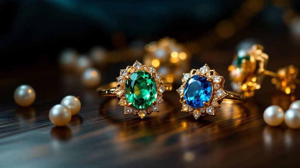 Goldschmuck mit Farbsteinen und Perlen – Ring mit Smaragd, Ohrringe mit Perlen