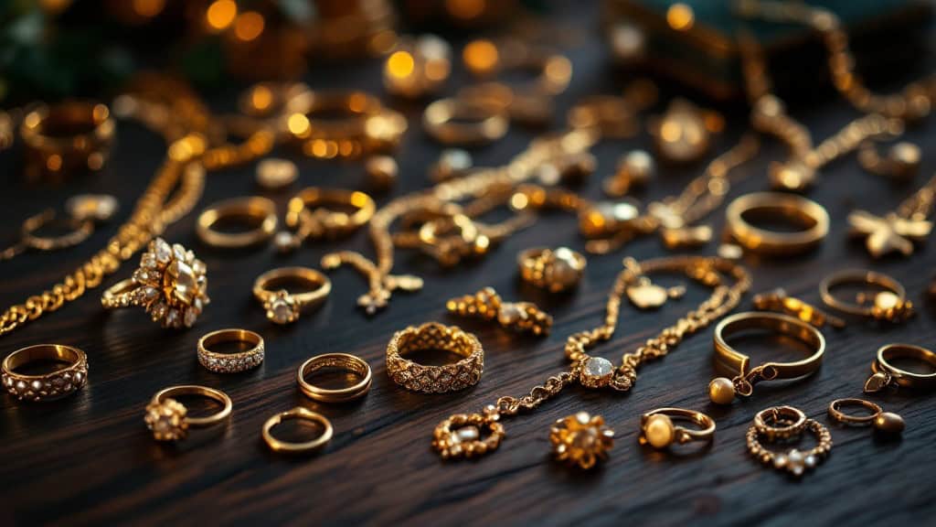 Sammlung geerbten Goldschmucks – verschiedene Ringe, Ketten und Broschen