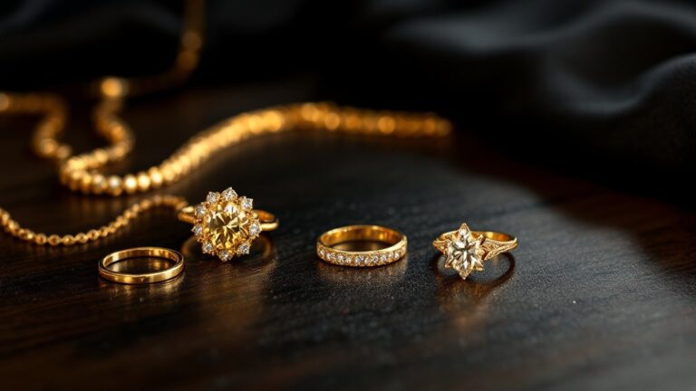 Verschiedener Goldschmuck – Ringe, Ketten und Armbänder aus Gelbgold