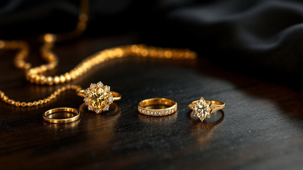 Verschiedener Goldschmuck – Ringe, Ketten und Armbänder aus Gelbgold