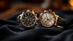 Zwei hochwertige goldene Armbanduhren auf dunklem Stoff