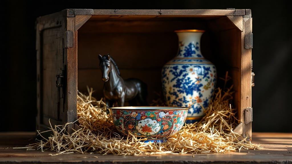 Chinesische Vase, Porzellanschale und Bronzefigur in einer alten Transportkiste