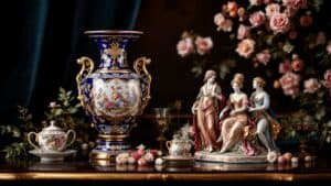 Kobaltblau-goldene Porzellanvase und eine feine Rokoko-Figurengruppe auf dunklem Tisch