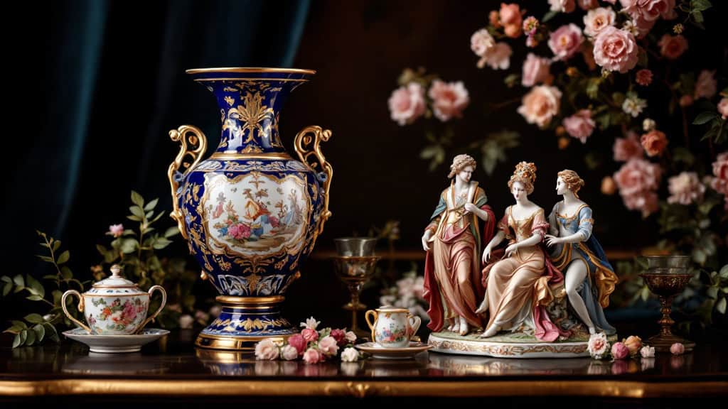 Kobaltblau-goldene Porzellanvase und eine feine Rokoko-Figurengruppe auf dunklem Tisch
