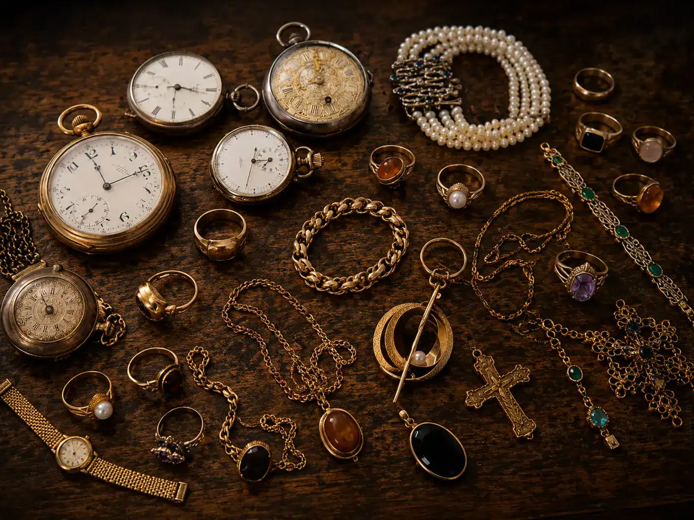 Illustration der Ankaufskategorie Schmuck und Uhren: Goldschmuck, Ringe, Ketten und Taschenuhren