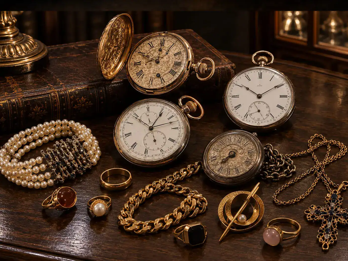 Goldene und silberne Taschenuhren mit Ringen, Ketten und Perlenschmuck