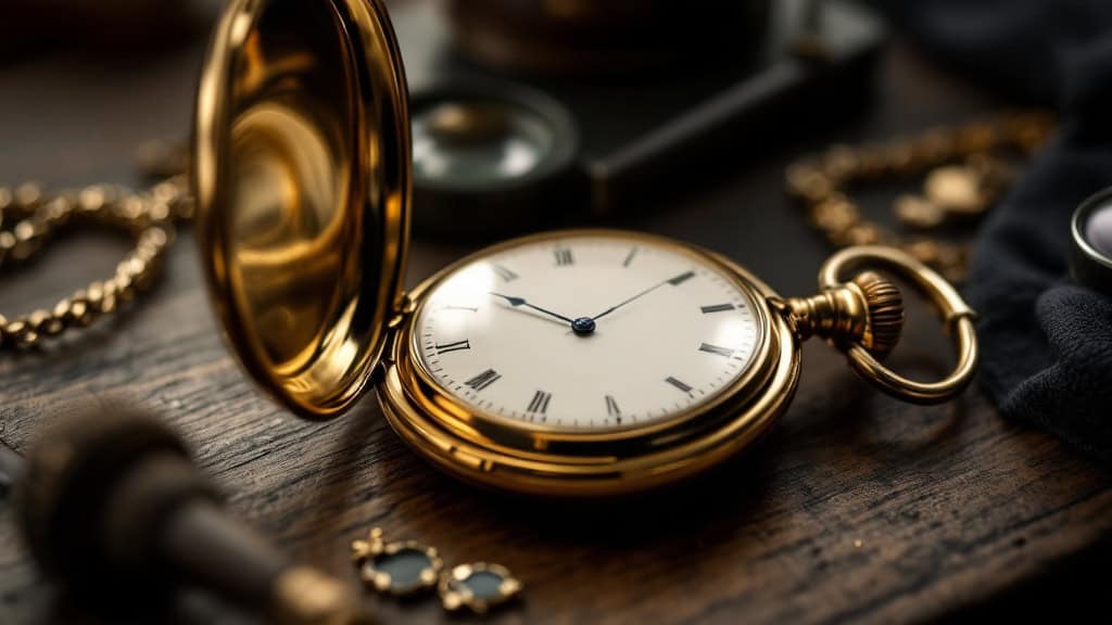 Goldene Savonnette mit aufgeklapptem Sprungdeckel und Emailzifferblatt auf Holztisch