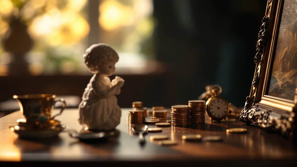 Porzellanfigur, Sammeltasse, Goldmünzen, Taschenuhr und gerahmtes Gemälde auf einem Tisch